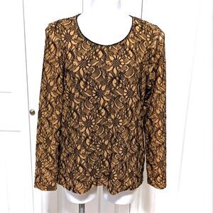 Women's Chico's Long Sleeve Scoop Neck Floral Top/Blouse Beige and Black